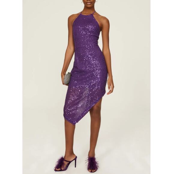 TOCCIN X RTR Purple Sequin Thigh-High Slit Asymmetrical Bodycon Dress Size 2 - Picture 1 of 8
